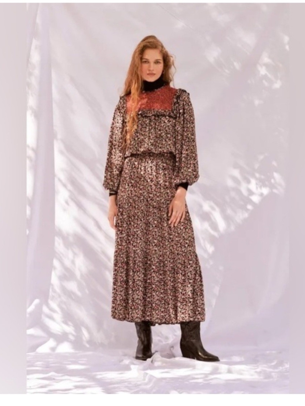 Sonmer Alice Bohemian Pioneer Smocked Yoke Floral Maxi Dress - Black & Red Sz. S